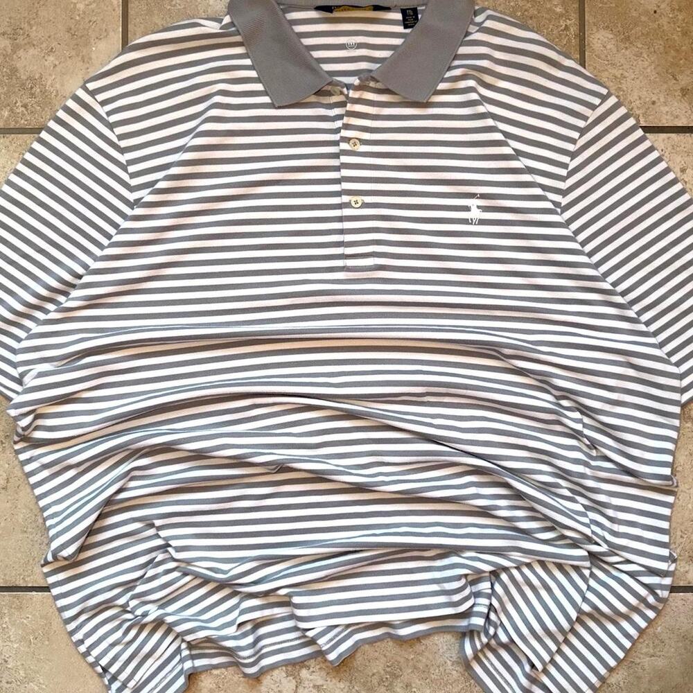 Polo Golf White and Grey Striped Wicking Short Sleeve Polo Shirt - Size XXL